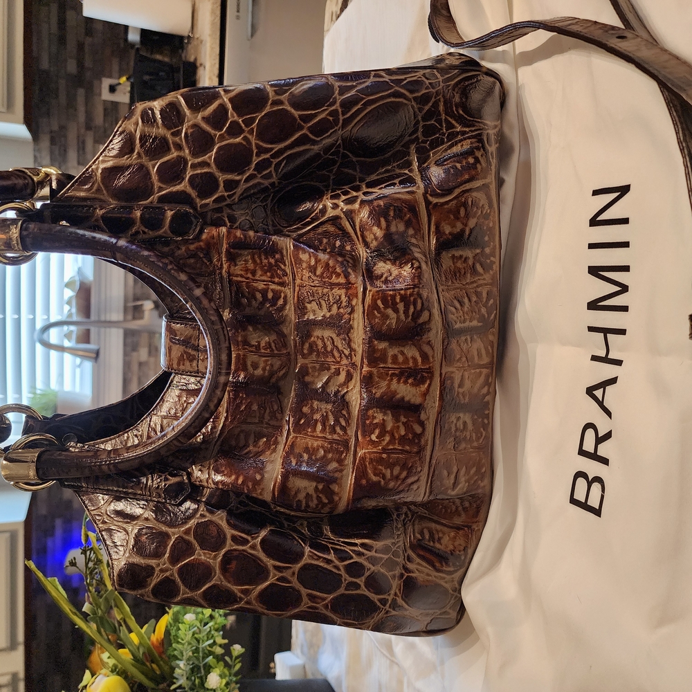 Brahmin Brown Satchel with Crocodile Pattern